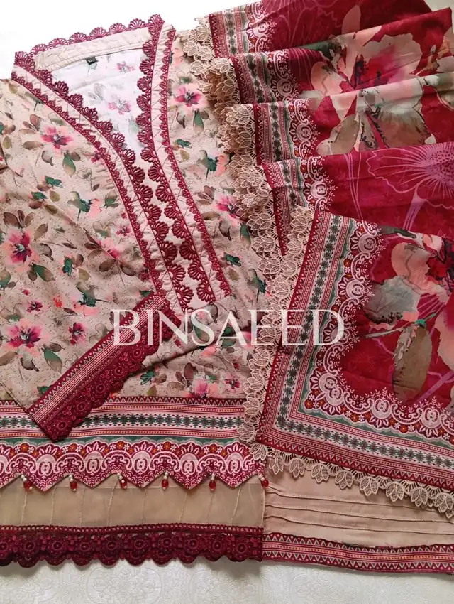 Bin Saeed printed lawn stitched suit with heavy laces, Design 1, Maroon and Peach