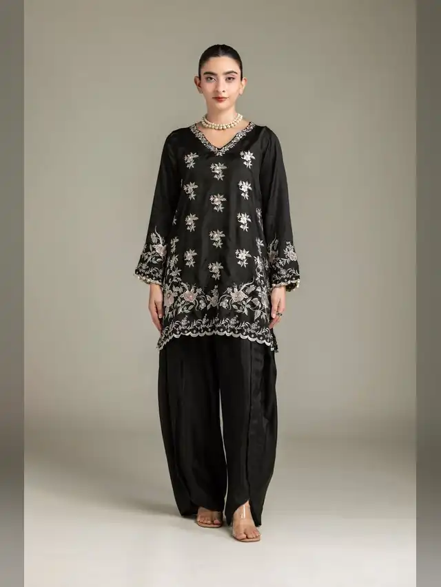 Khaadi Festive 2026 black embroidered raw silk three piece suit