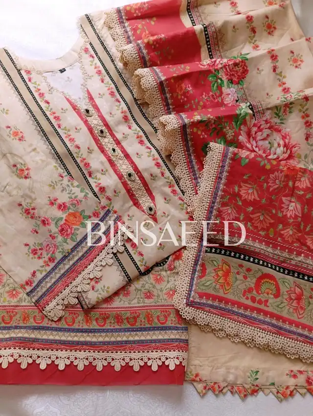 Bin Saeed printed lawn stitched suit with heavy laces, Design 9, Beige and Red