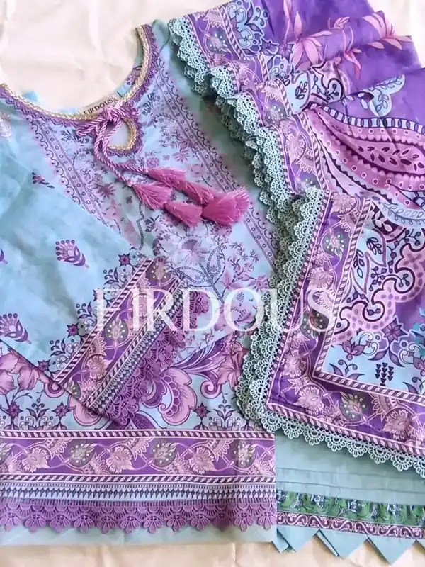 Firdous Premium Luxury Lawn Sky Blue Violet