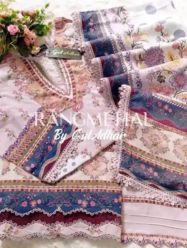 Rang Mehal by Gul Adhar stitched lawn Lilac Blue Border