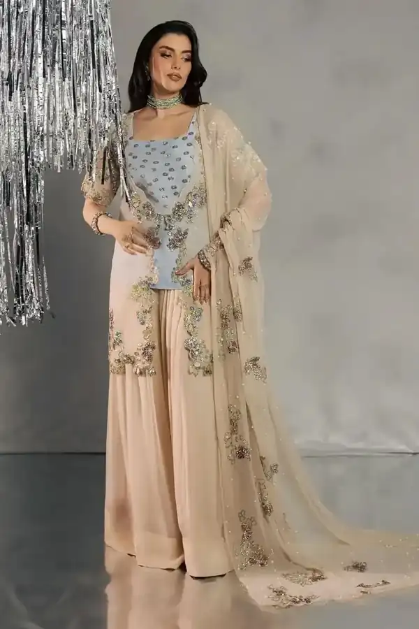 Nurèh Peach and Blue Hand Embellished Jacket Sharara Set