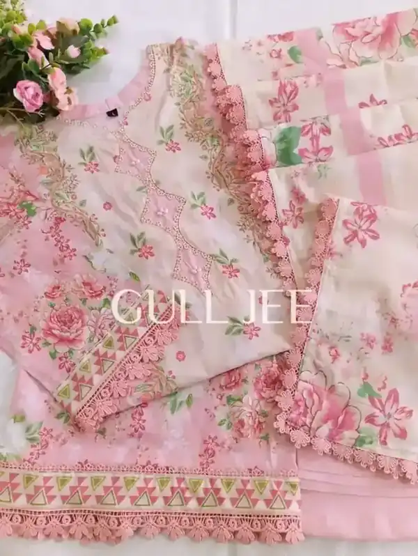 Gulljee Digital Printed Lawn Rose Pink Floral