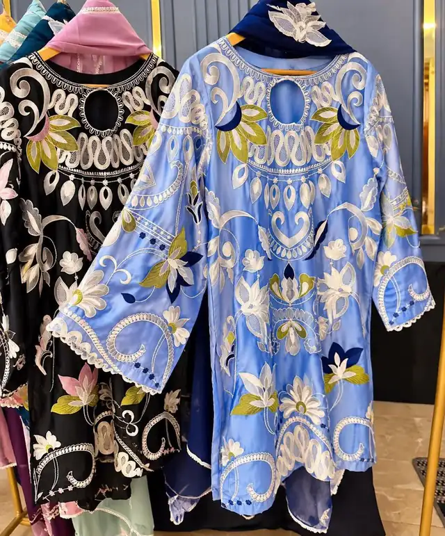 Silk embroidered heavy work suit with chiffon 3D flower dupatta, Sky Blue