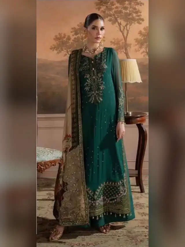 Nureh Amaya Unstitched Luxury Embroidered Chiffon AM-44 Emerald Green