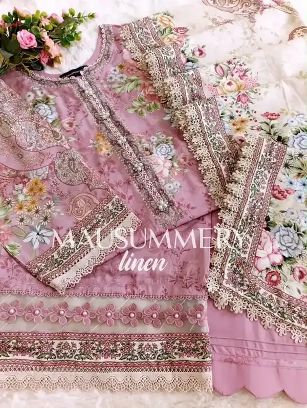 Mausummery Linen Vol-1 2026 Mauve Rose Floral stitched suit