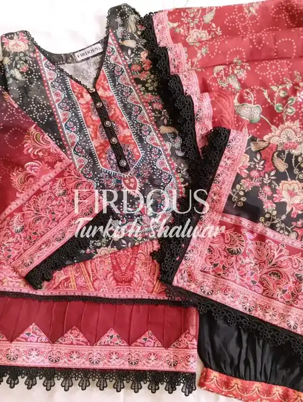 Firdous Premium Luxury Lawn Crimson Black Turkish