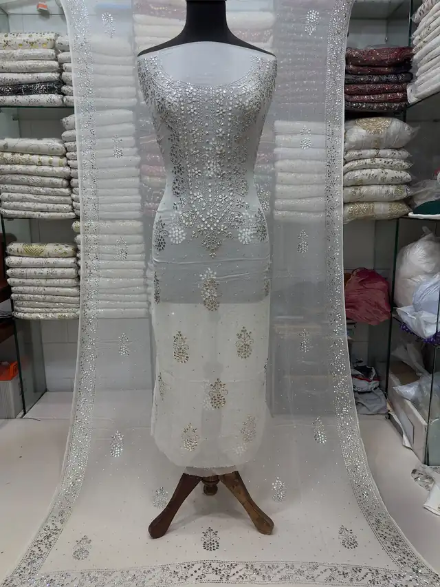 Pure white silver mukaish work unstitched crinkle chiffon suit with four-side mukaish dupatta, Design 1