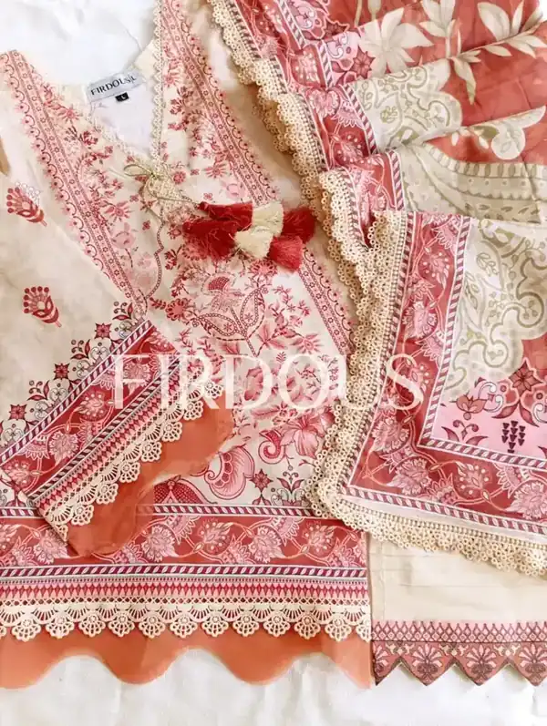 Firdous Premium Luxury Lawn Peach Rust Floral