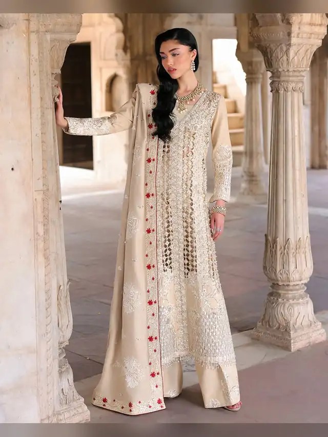 Saira Shakira Amor wedding ensemble, Ivory and Red
