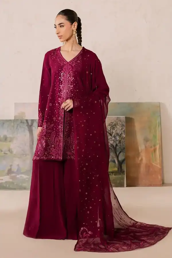 Nurèh Berry Embroidered Raw Silk Suit