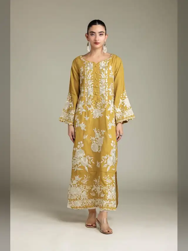 Khaadi Festive 2026 mustard embroidered raw silk two piece suit