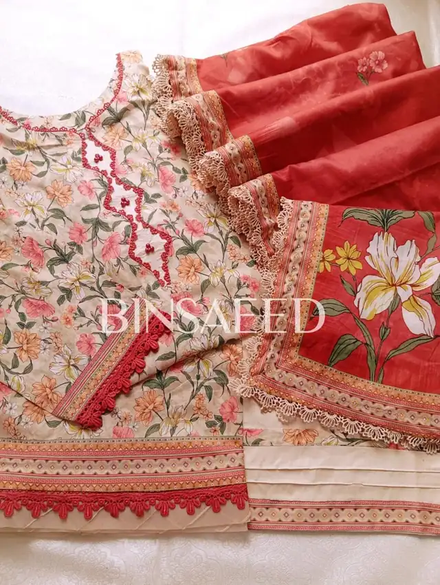 Bin Saeed printed lawn stitched suit with heavy laces, Design 3, Coral Red