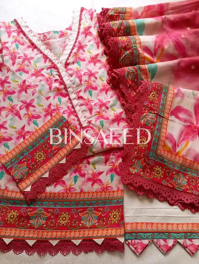 Bin Saeed printed lawn stitched suit with heavy laces, Design 11, Pink Lily