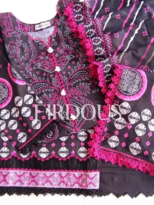 Firdous Premium Luxury Lawn Black Magenta Bandhani