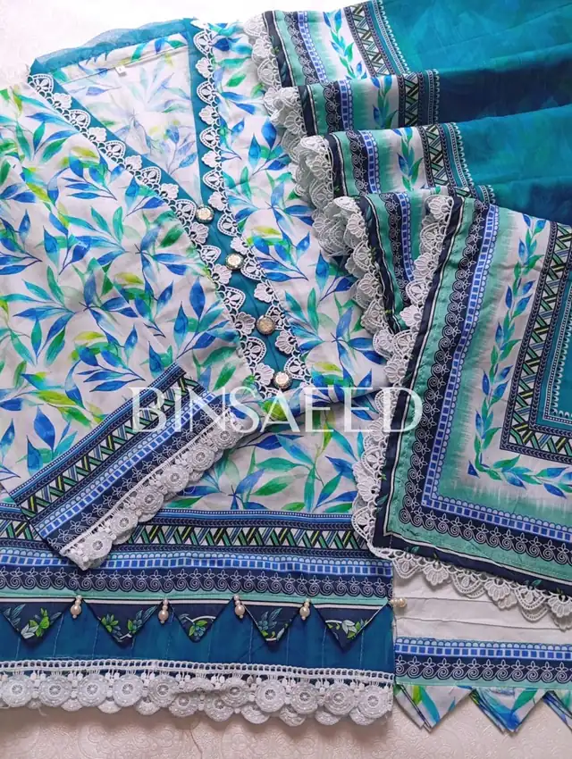 Bin Saeed printed lawn stitched suit with heavy laces, Design 2, Teal Blue