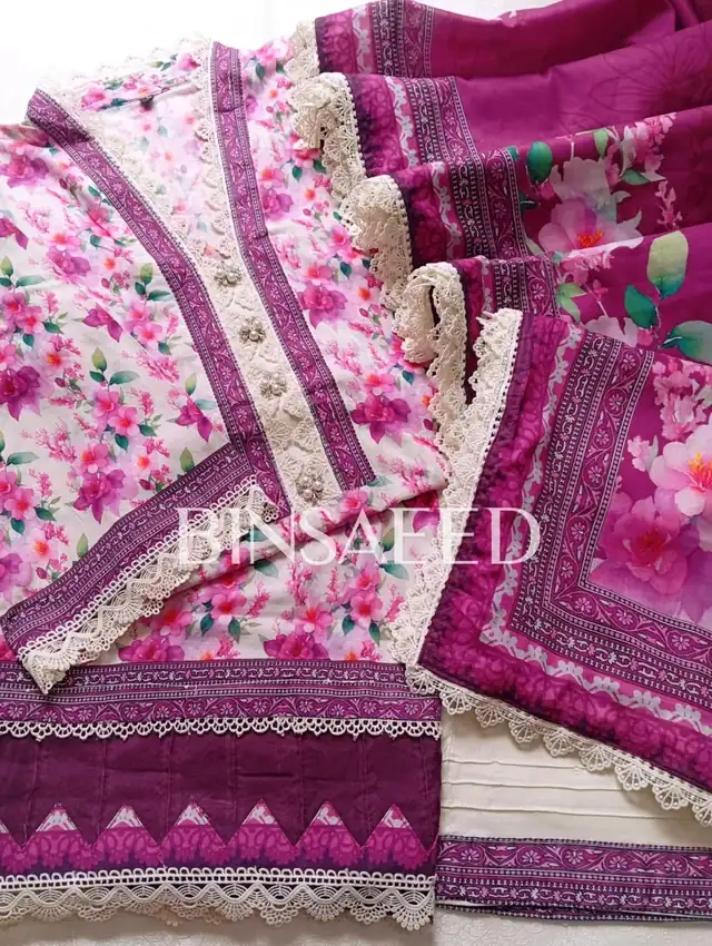 Bin Saeed printed lawn stitched suit with heavy laces, Design 7, Magenta Pink