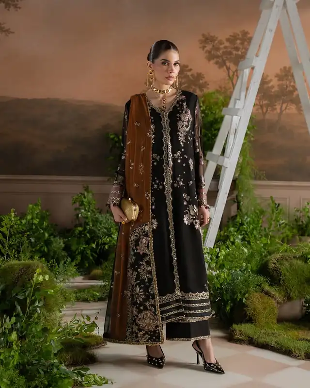 Nureh Amaya Unstitched Luxury Embroidered Chiffon AM-48 Black