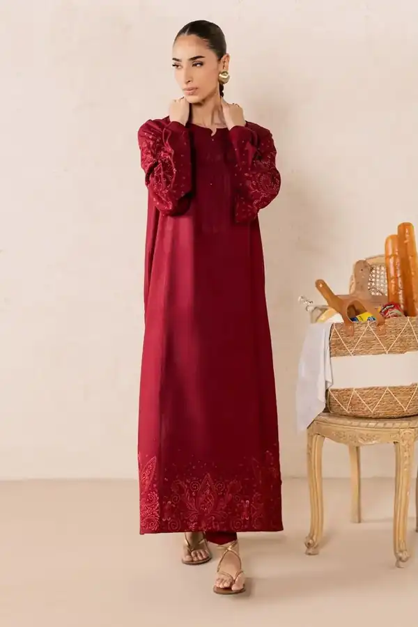 Nurèh Maroon Embroidered Self Jacquard Viscose Suit