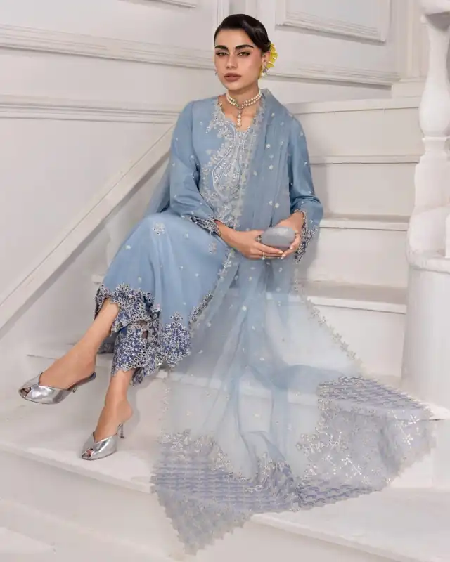 Rang Rasiya Lumiere Embroidered Raw Silk Romance Cielo - Fresh Blue