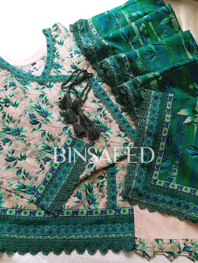 Bin Saeed printed lawn stitched suit with heavy laces, Design 4, Emerald Green
