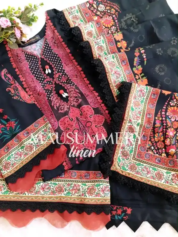 Mausummery Linen Vol-1 2026 Black Red Floral stitched suit