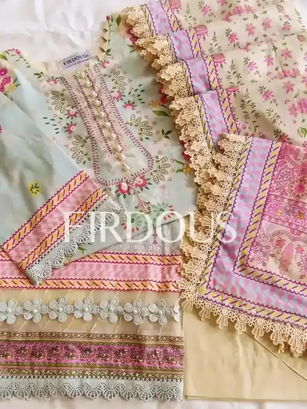 Firdous Premium Luxury Lawn Mint Pink Pearl