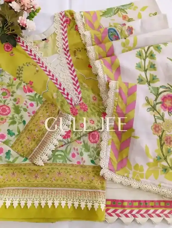 Gulljee Digital Printed Lawn Lime Green Floral