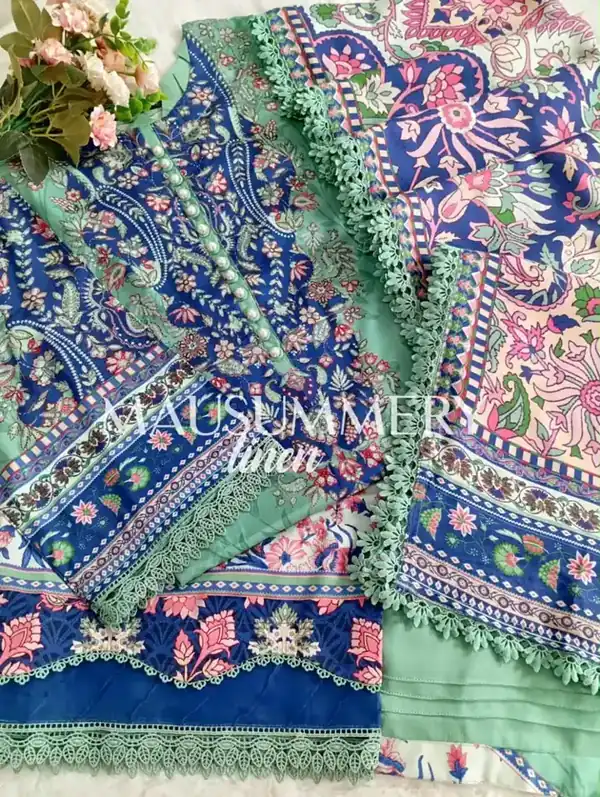 Mausummery Linen Vol-1 2026 Sea Green Royal Blue stitched suit