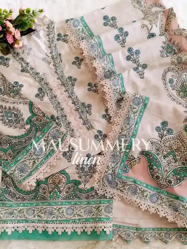 Mausummery Linen Vol-1 2026 Ivory Blue Floral stitched suit