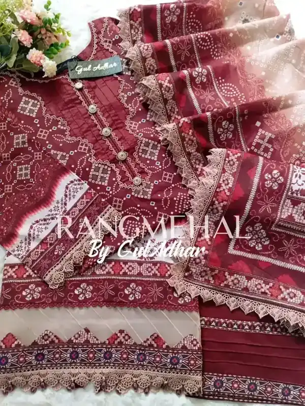 Rang Mehal by Gul Adhar stitched lawn Maroon Bandhani