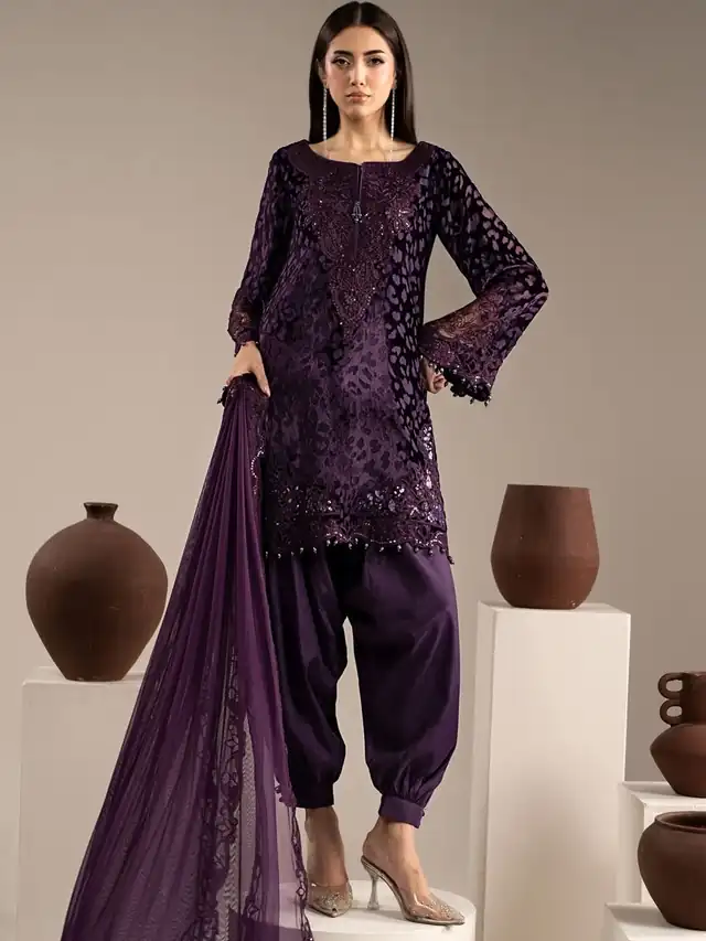 Mariab embroidered Palachi velvet three piece suit, Deep Plum
