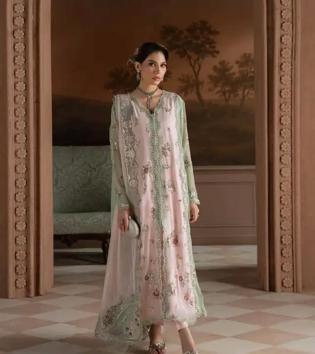Nureh Amaya Unstitched Luxury Embroidered Chiffon AM-43 Blush Pink and Mint Green