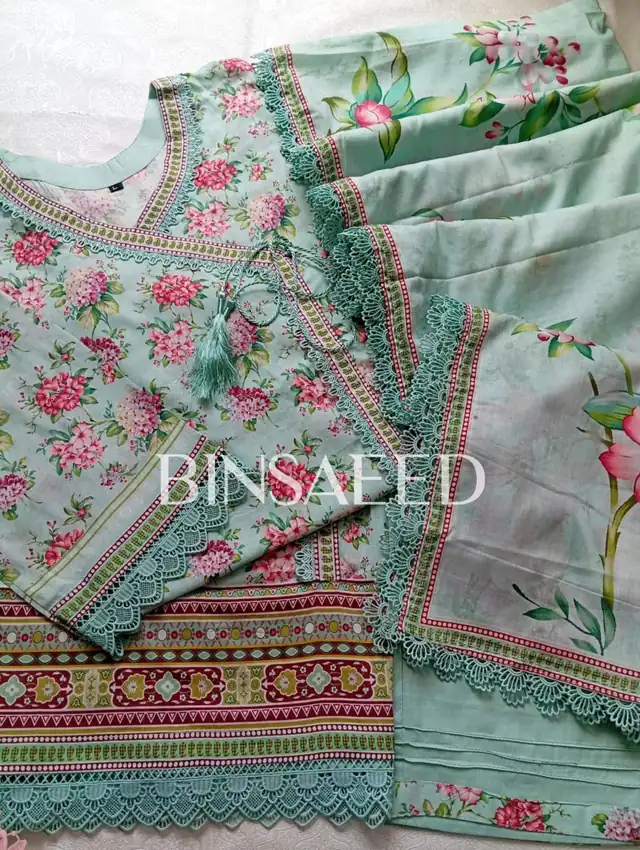 Bin Saeed printed lawn stitched suit with heavy laces, Design 8, Mint Green