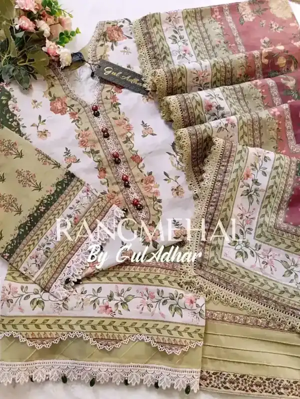 Rang Mehal by Gul Adhar stitched lawn Olive Cream Floral