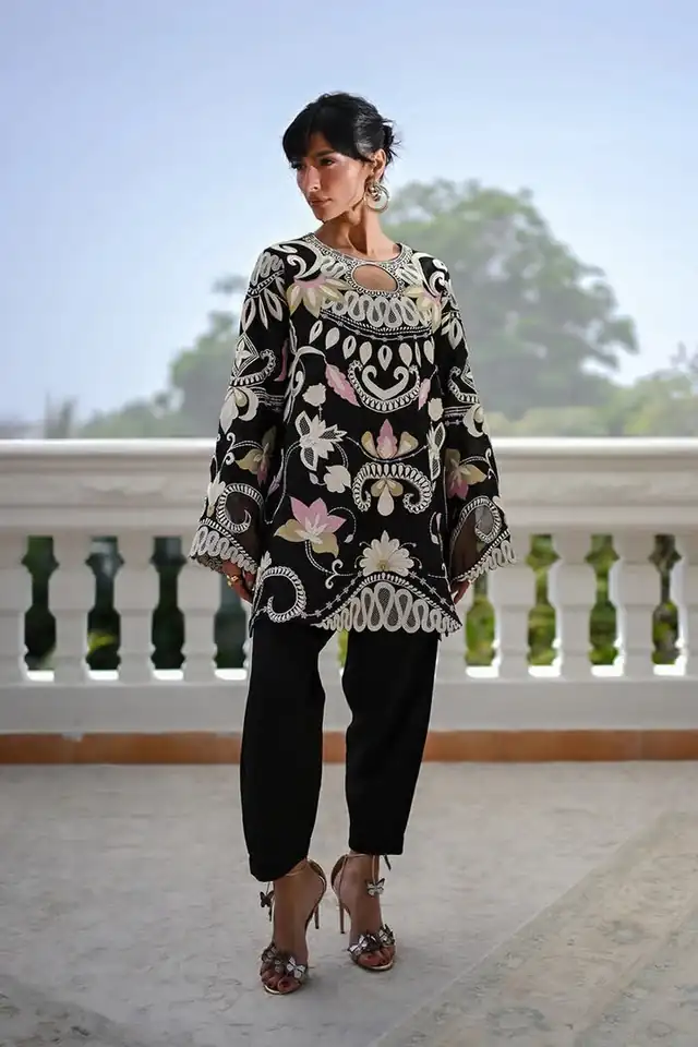 Silk embroidered heavy work suit with chiffon 3D flower dupatta, Black