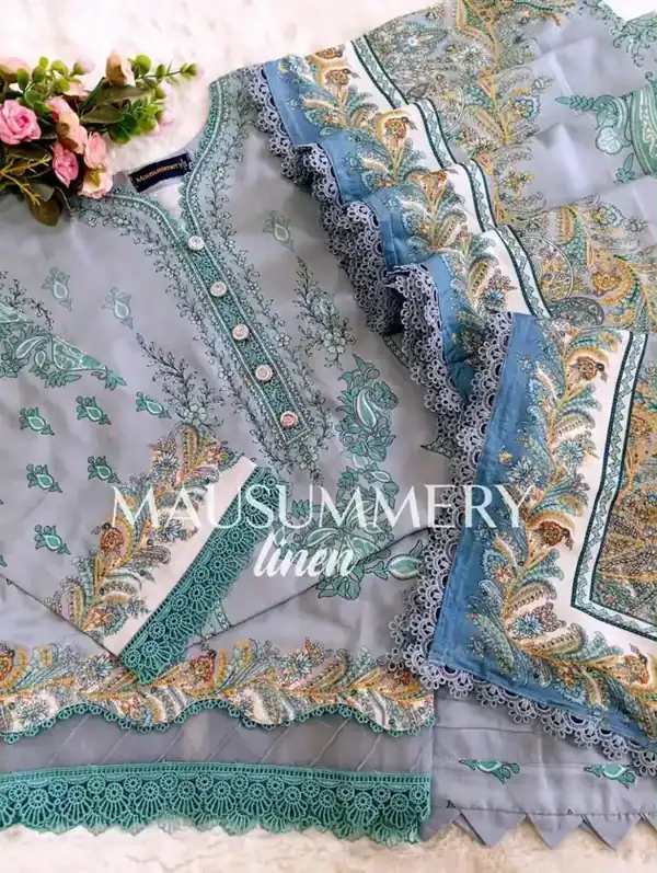 Mausummery Linen Vol-1 2026 Powder Blue Teal Paisley stitched suit