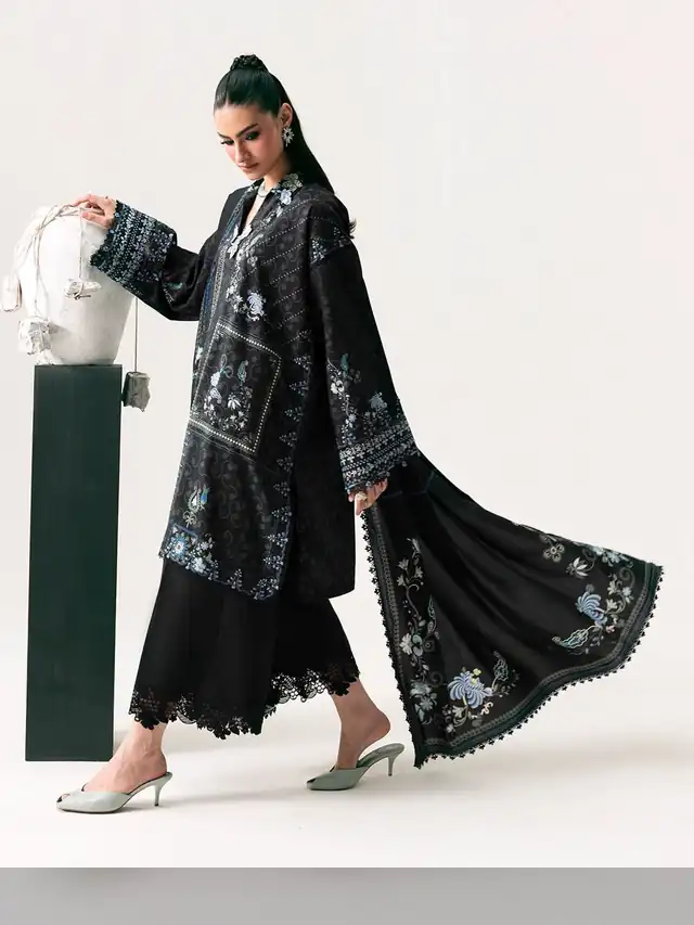 Qprints embroidered suit, Black and Blue Floral