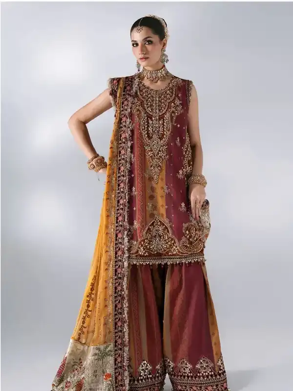 Maria.B Mbroidered Wedding Edition Mustard & Maroon Zari