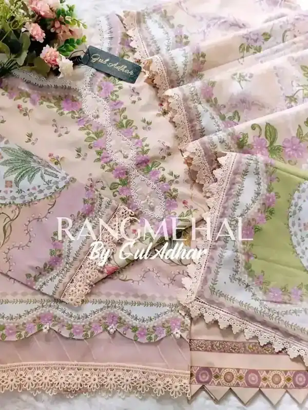 Rang Mehal by Gul Adhar stitched lawn Peach Lilac Floral