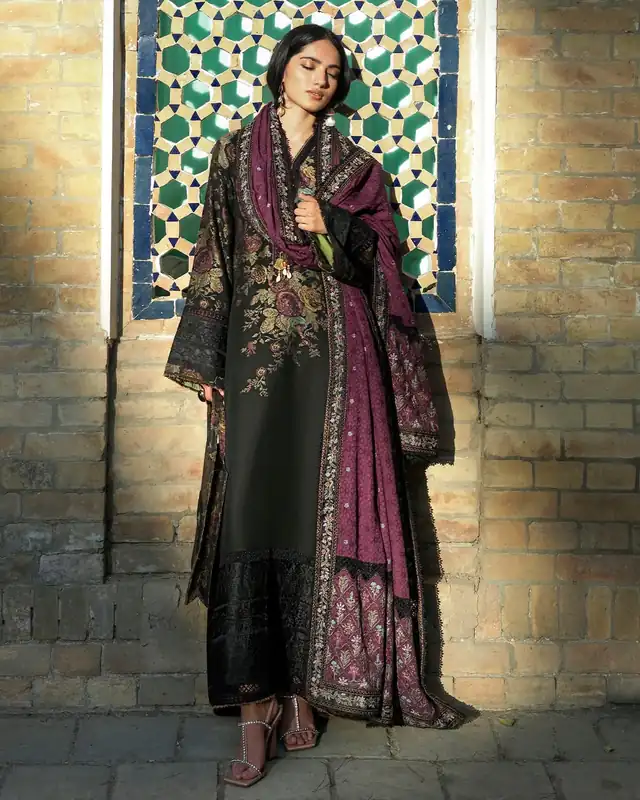 Mushq Broadway Echoes of Registan unstitched winter suit, Black and Plum