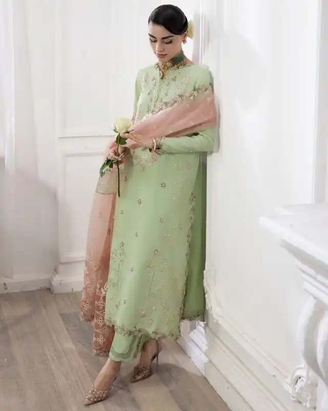 Rang Rasiya Lumiere Embroidered Raw Silk Romance Mint Green Embroidered