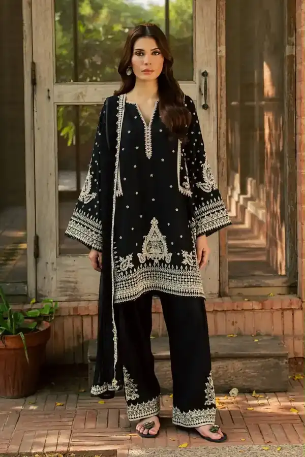Batik Original Pret Black embroidered karandi stitched suit