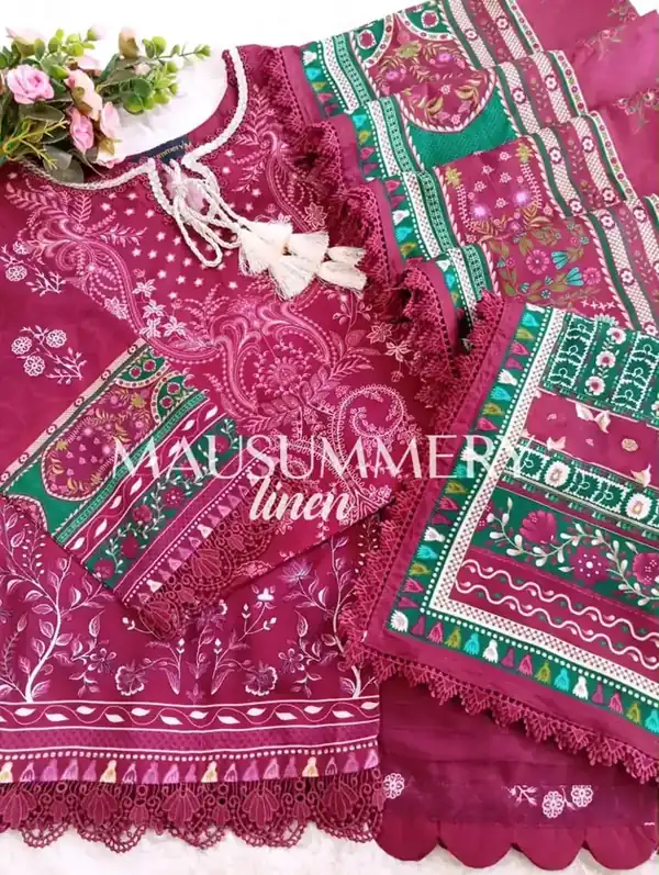 Mausummery Linen Vol-1 2026 Magenta Green Border stitched suit