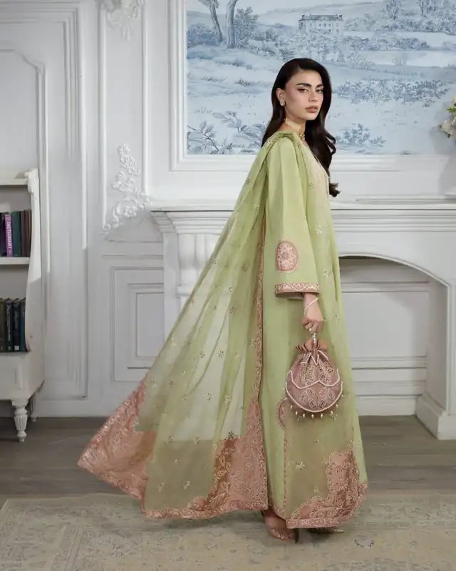 Rang Rasiya Lumiere Embroidered Raw Silk Romance Alma - Sage Green