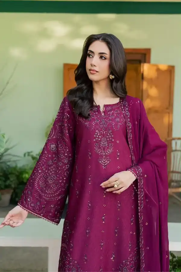 Batik Original Pret Magenta embroidered karandi stitched suit