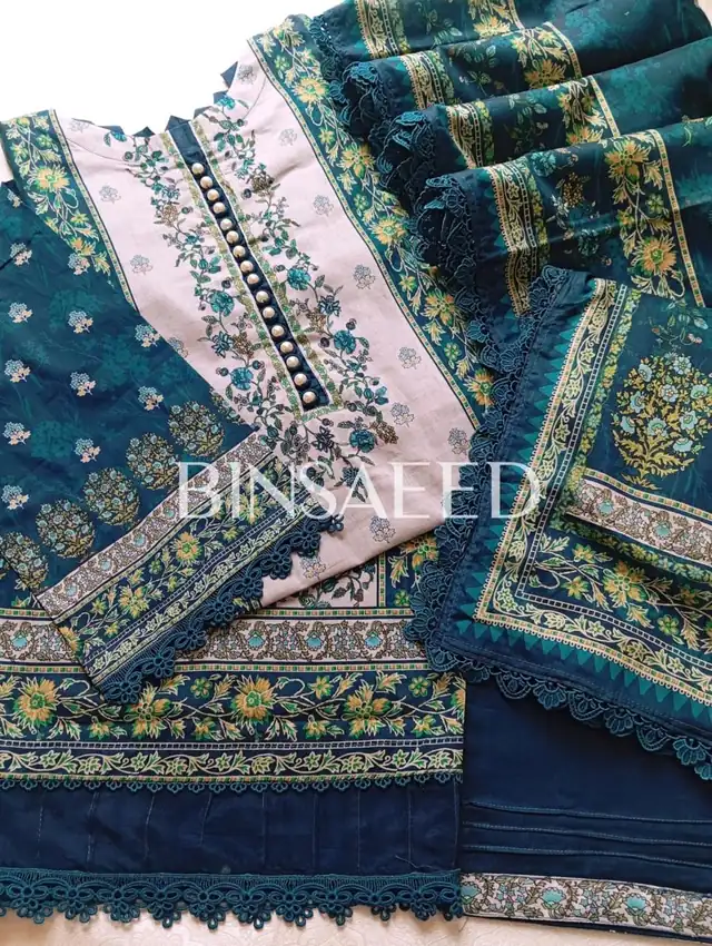Bin Saeed printed lawn stitched suit with heavy laces, Design 5, Deep Teal