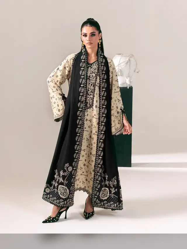 Qprints embroidered suit, Ivory and Black