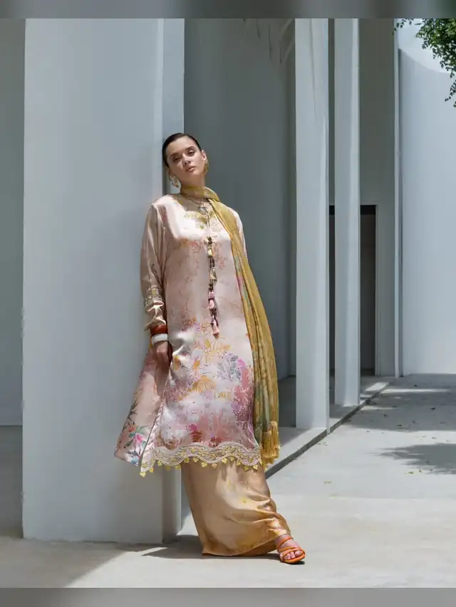 Sobia Nazir Silk 26 pure silk suit, Peach and Gold
