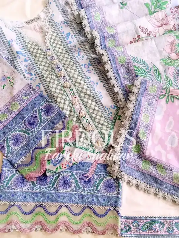 Firdous Premium Luxury Lawn Ivory Periwinkle Wave